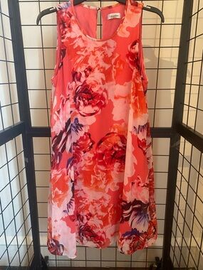 Calvin Klein Coral and Pink Floral Midi Sleeveless Dress